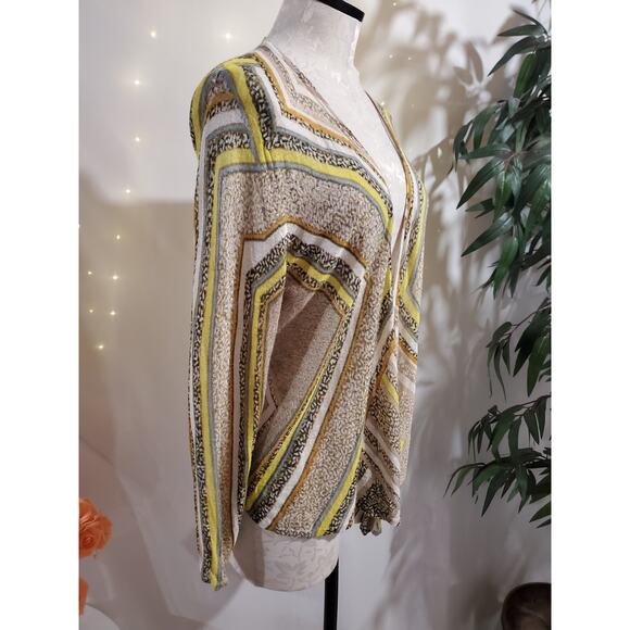 Nic+Zoe Womens Open Linen Blend Cardigan Size PL Zig Zag Stripe Artsy Boho Tan - Picture 4 of 10